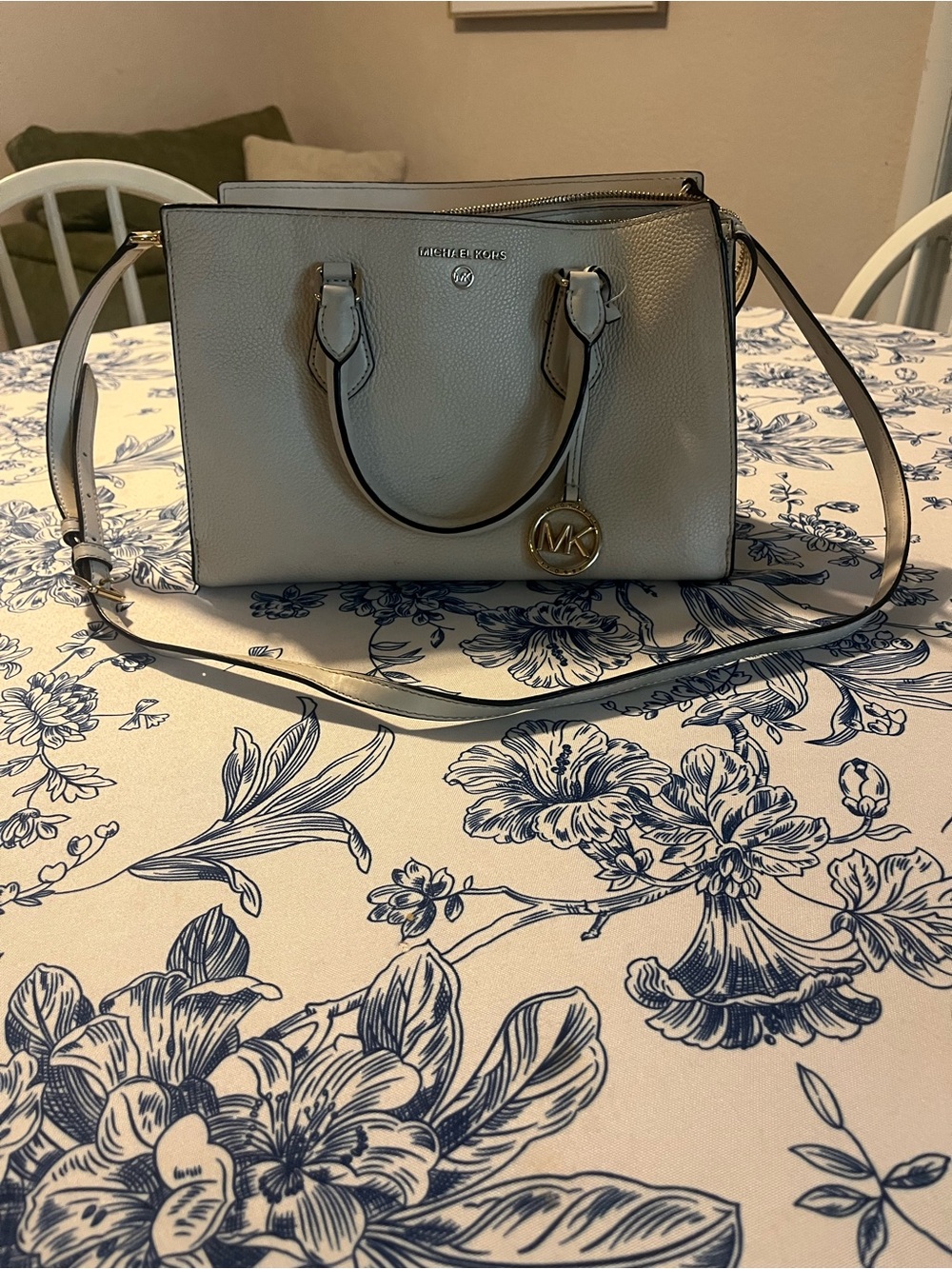 Michael Kors Gray Pebbled Leather Satchel with Gold MK Charm